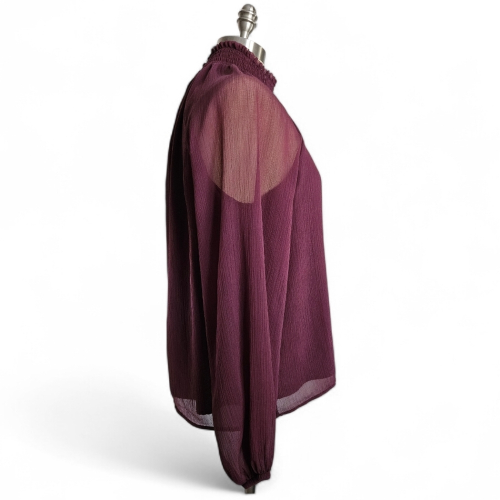 JOIE Long Sleeve Smocked High Neck Sheer Layered Wine Blouse | SZ M - Picture 3 of 10